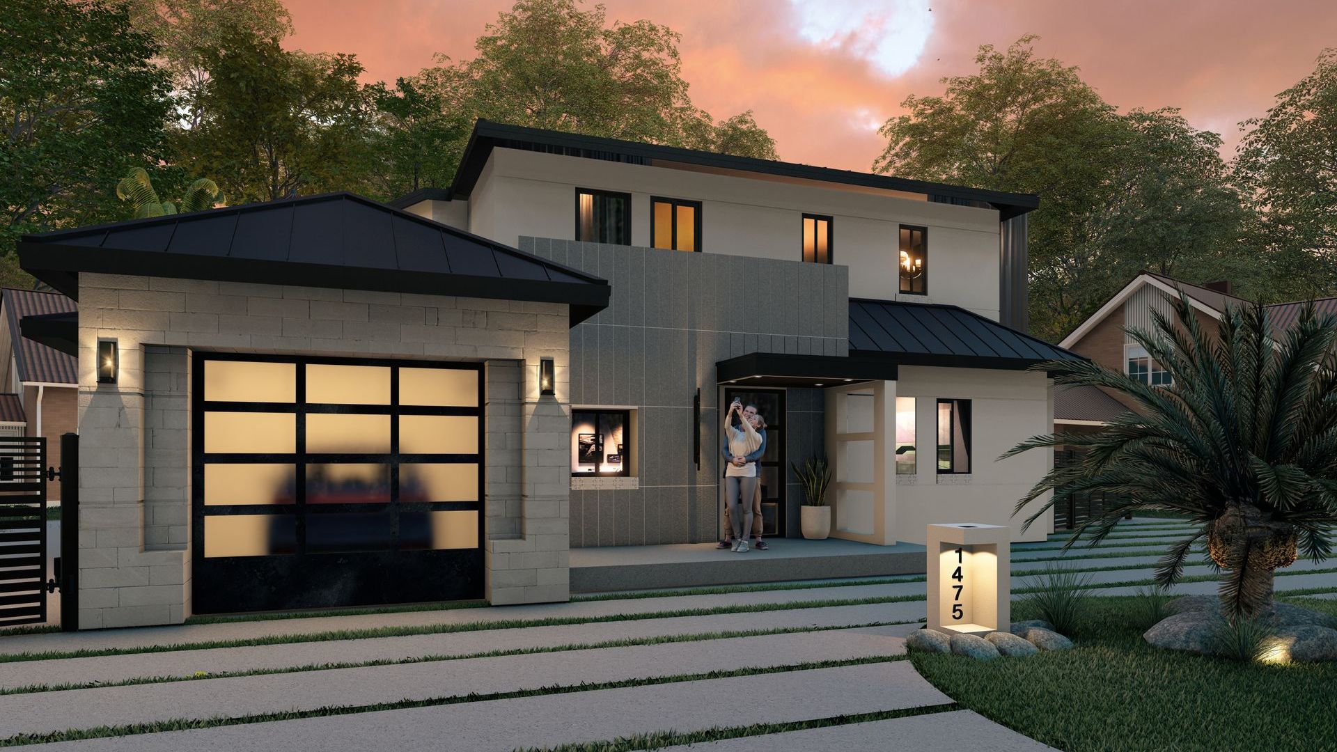 Modern two-story house with a garage and driveway. Gray and white exterior with a palm tree and pathway.