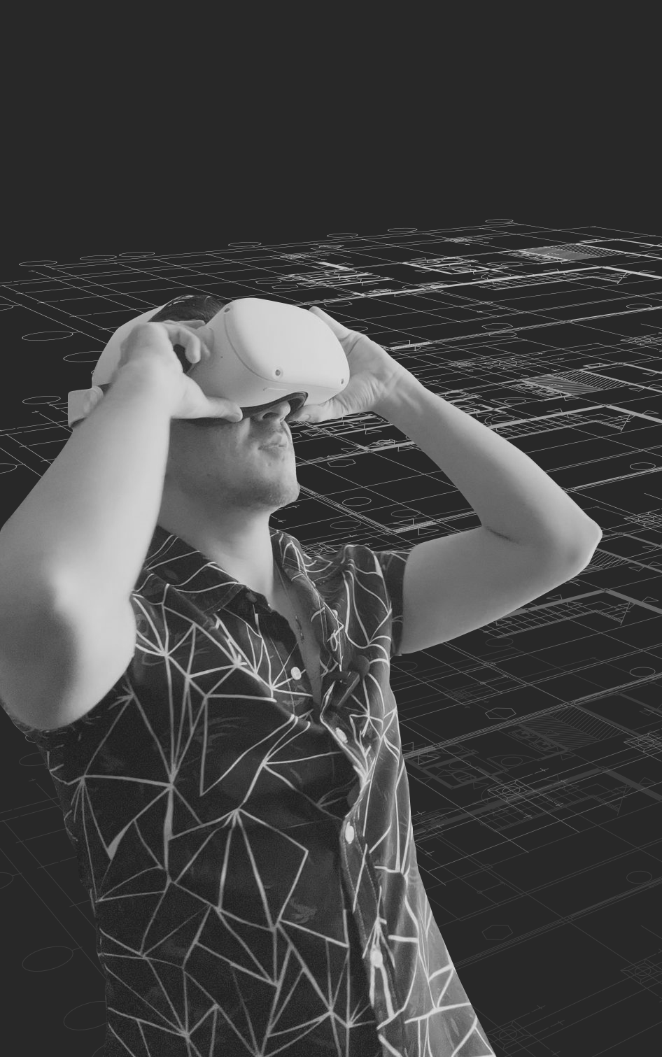 A man is wearing a virtual reality headset in a black and white photo.