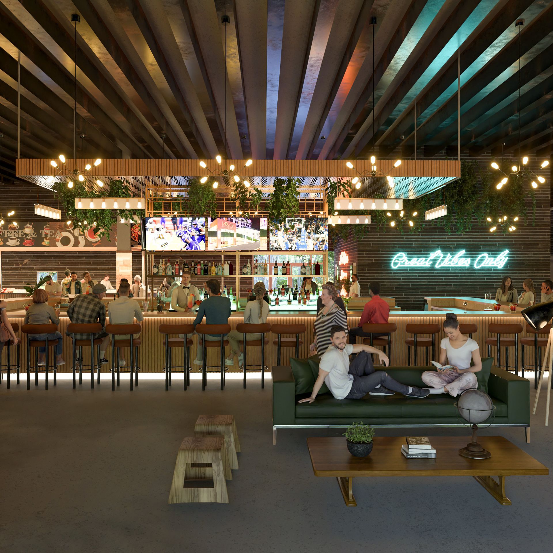 Interior Design of a food hall court, industrial look.