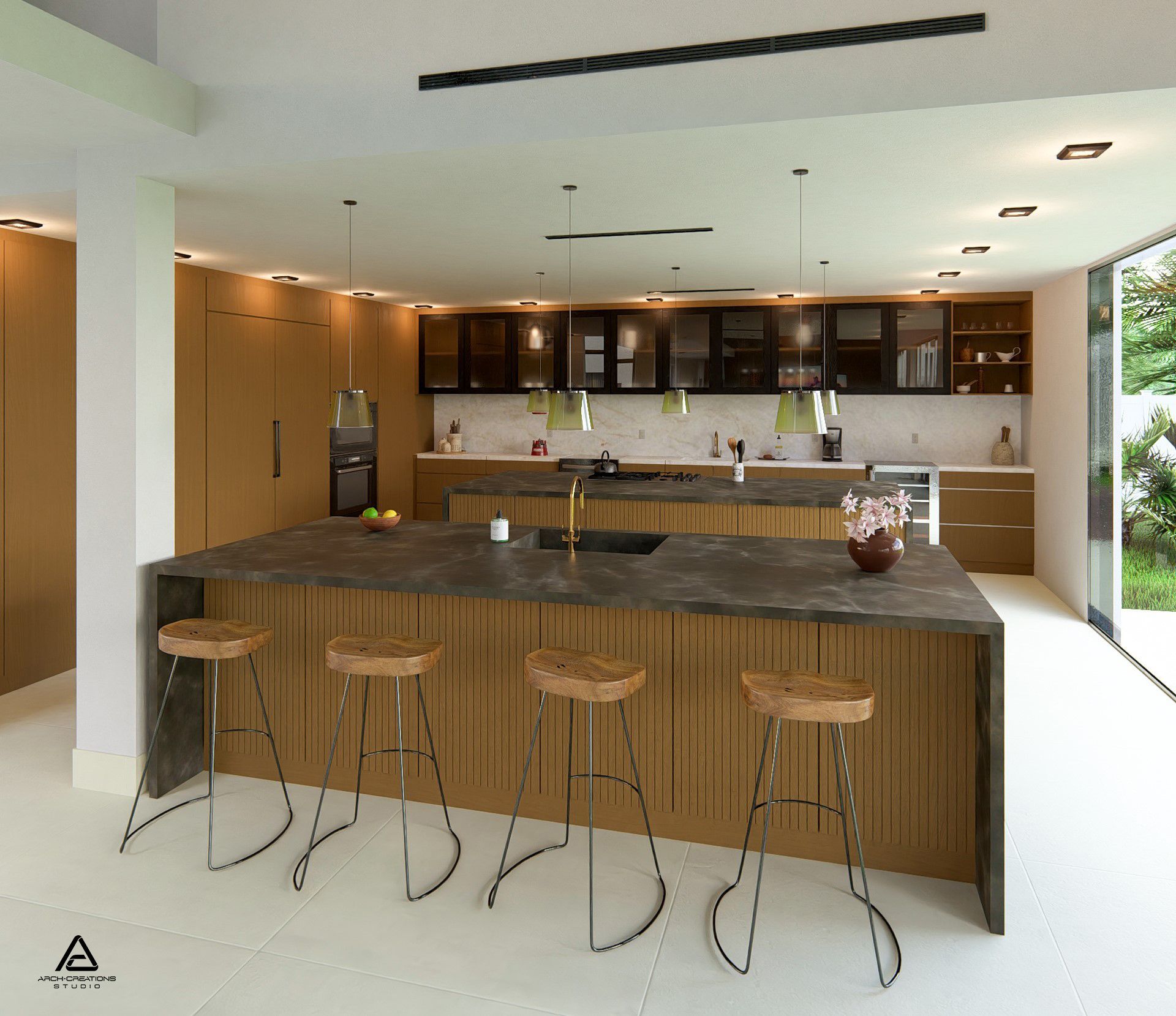 A kitchen with a large island and stools