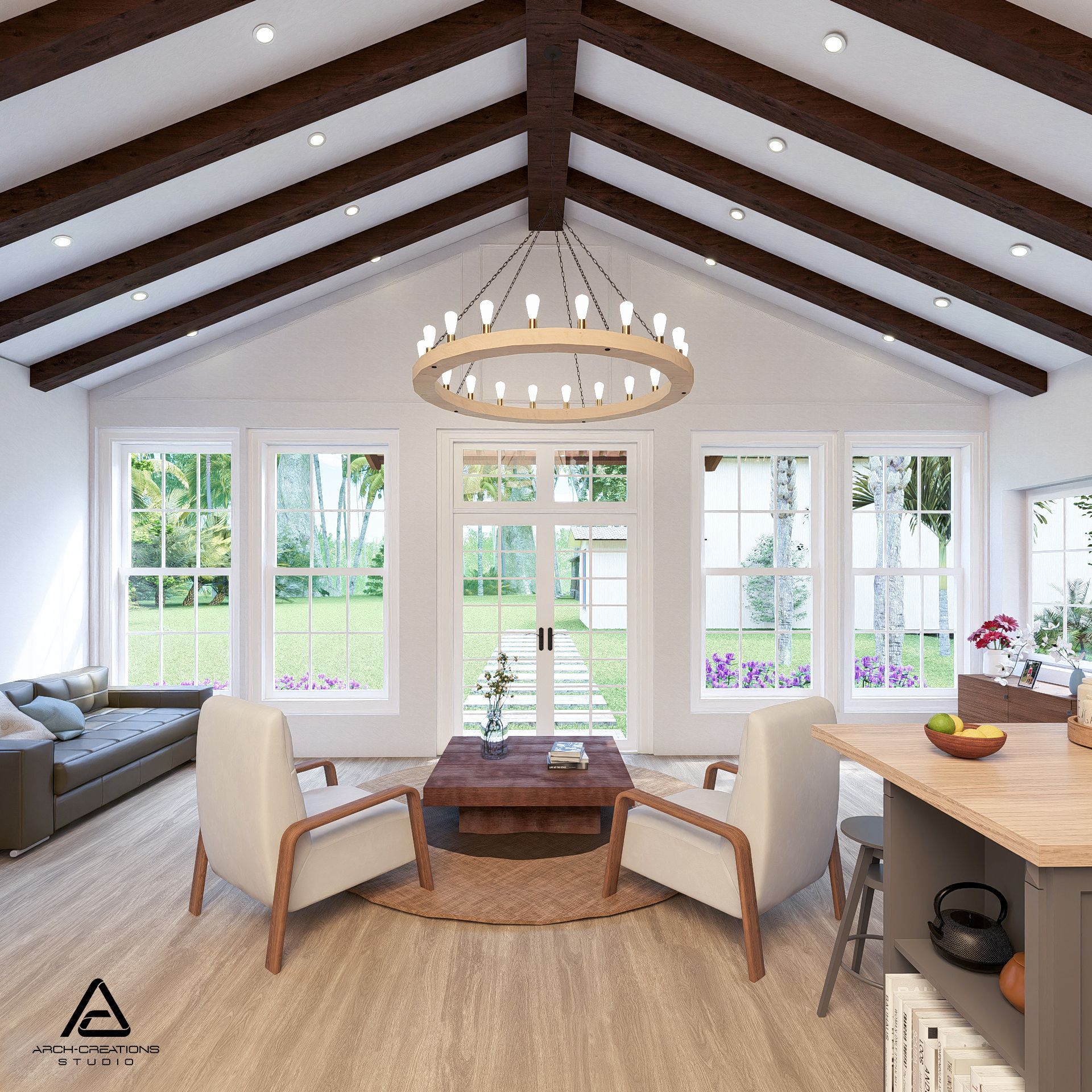 A black and white photo of a bathroom with a black bathtub and a walk in shower.