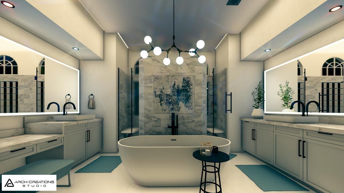 Modern, spacious bathroom with a central bathtub, dual sinks, and a shower. Light fixtures, and blue accents.