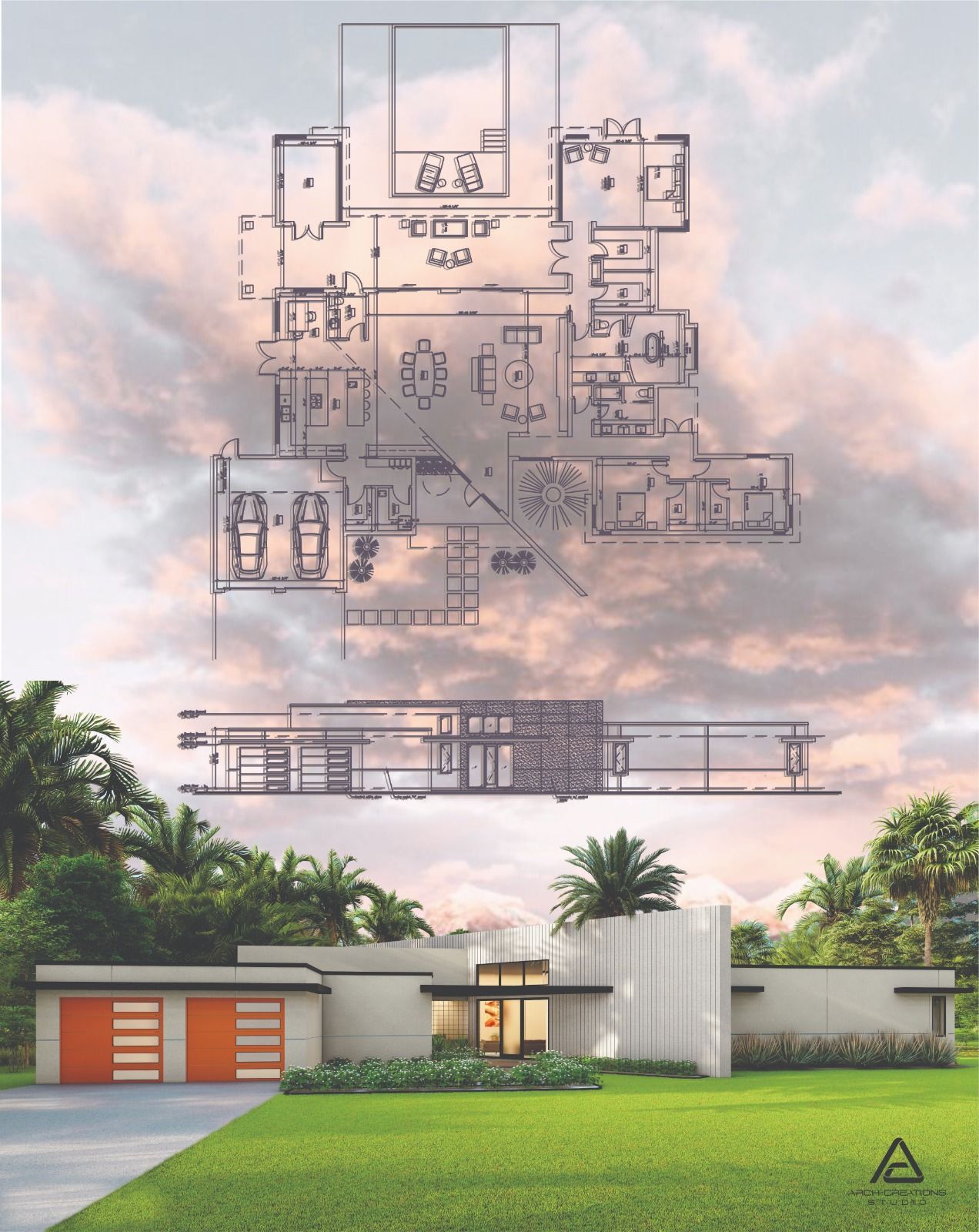 An architectural drawing of a house with a cloudy sky in the background