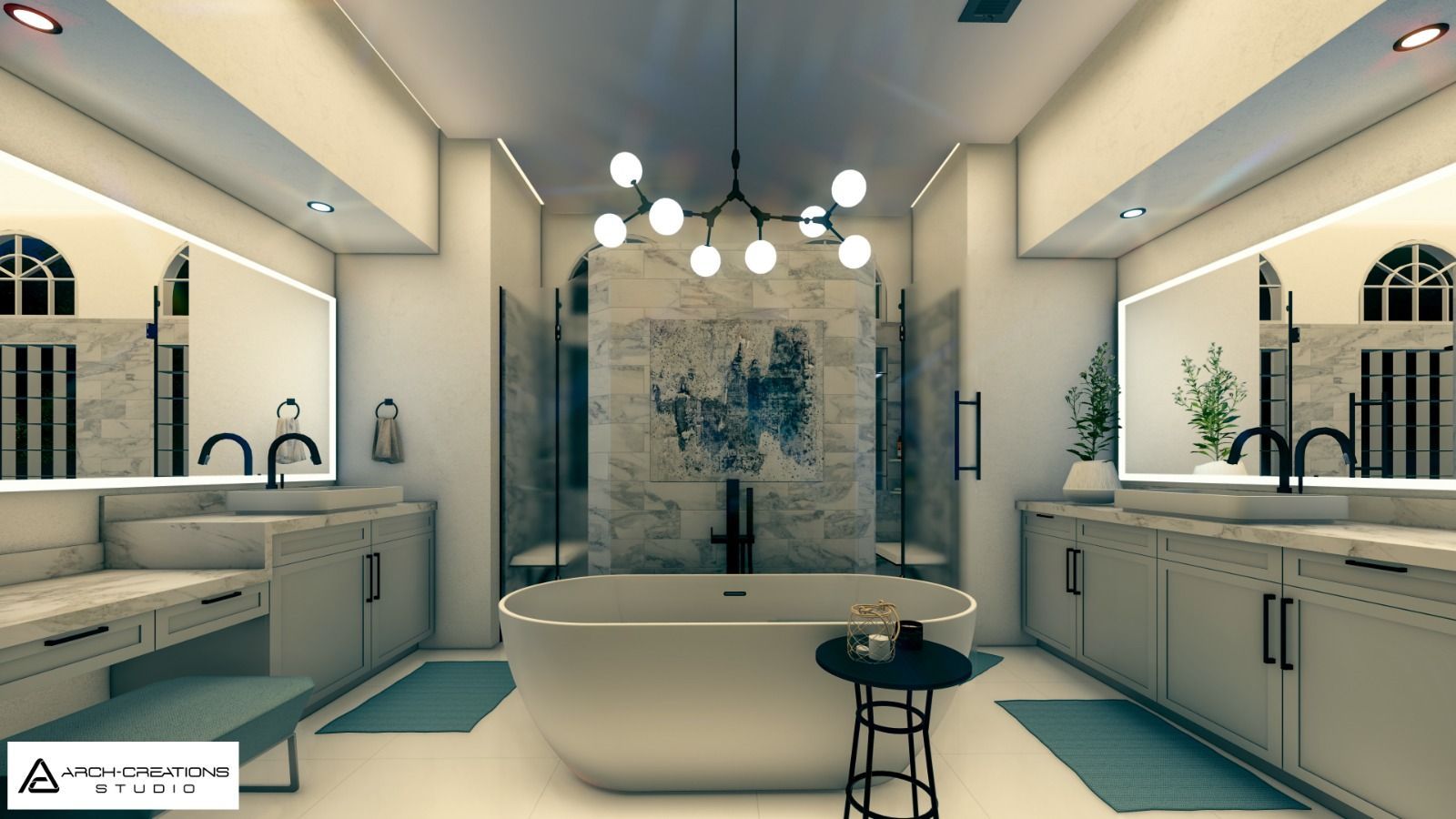 A bathroom with a bathtub , sinks , mirrors and a chandelier.