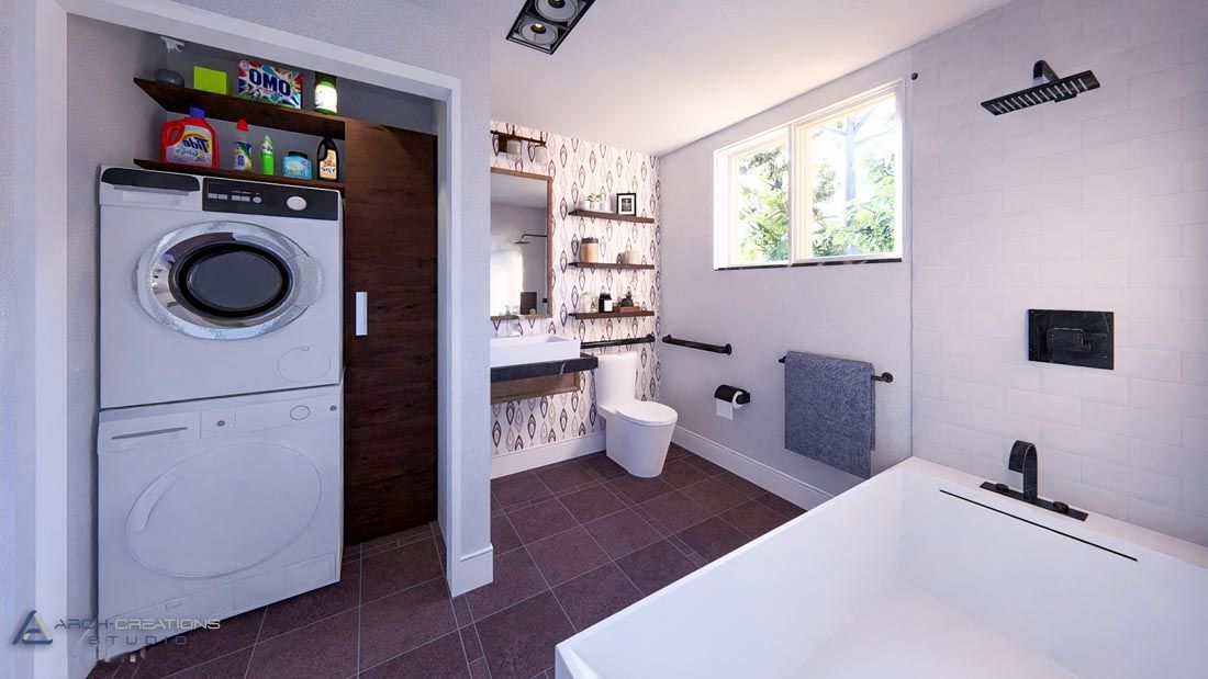A bathroom with a washer and dryer stacked on top of each other.