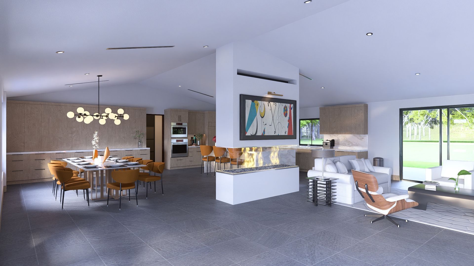 Modern kitchen with dark wood cabinets, white countertops, and pendant lights.