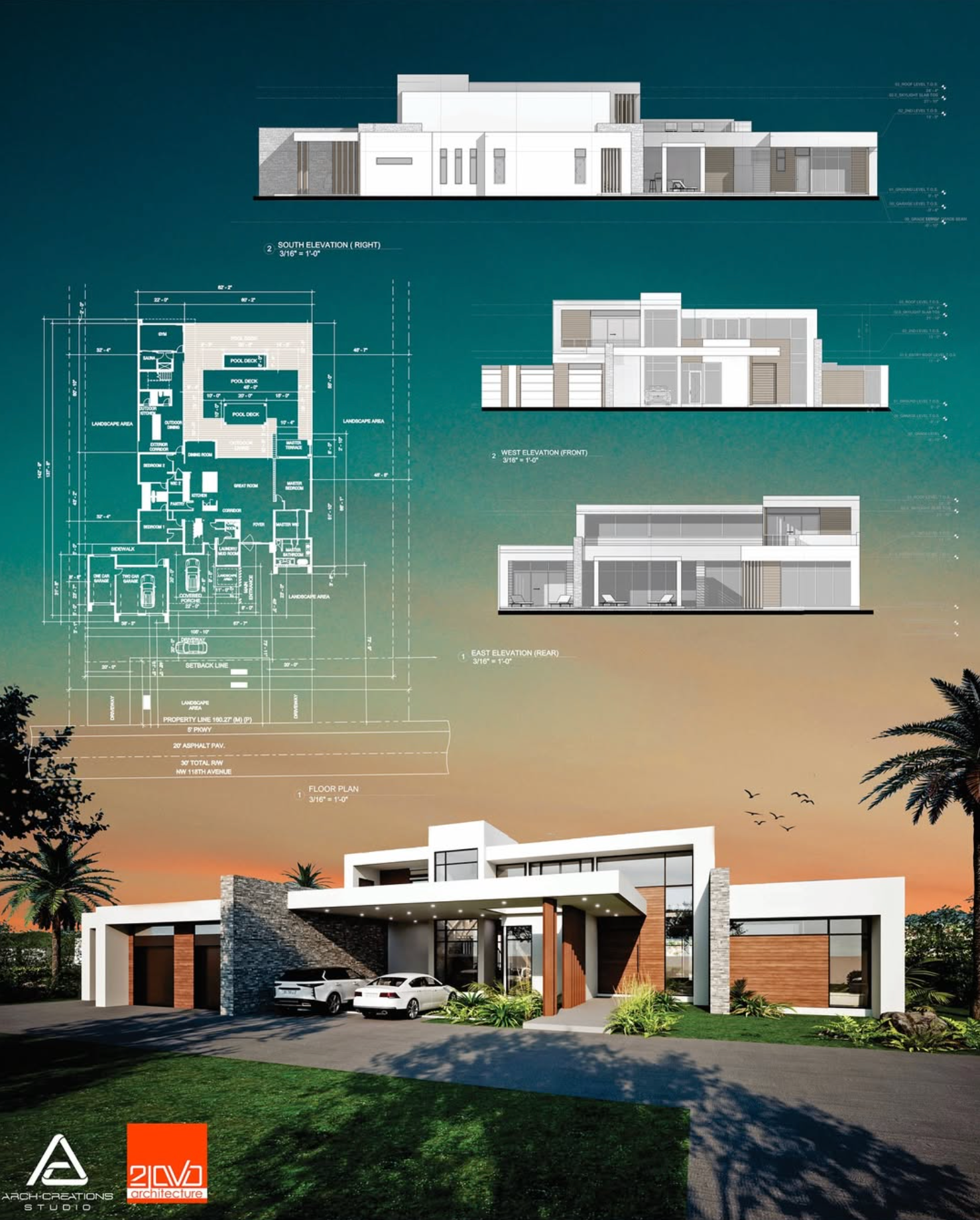 Architectural rendering of a modern home with blueprints and elevations.