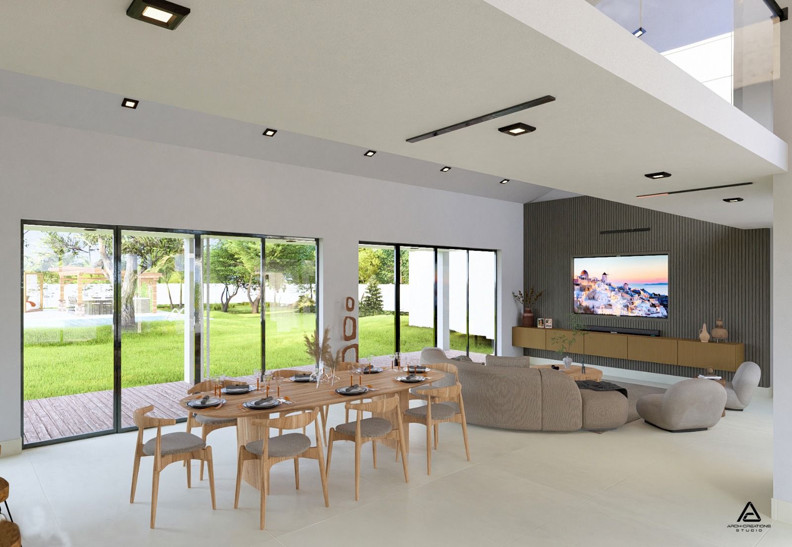 A living room with a dining table and chairs and a flat screen tv.