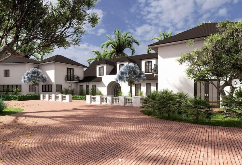 An artist 's impression of a house with a brick driveway