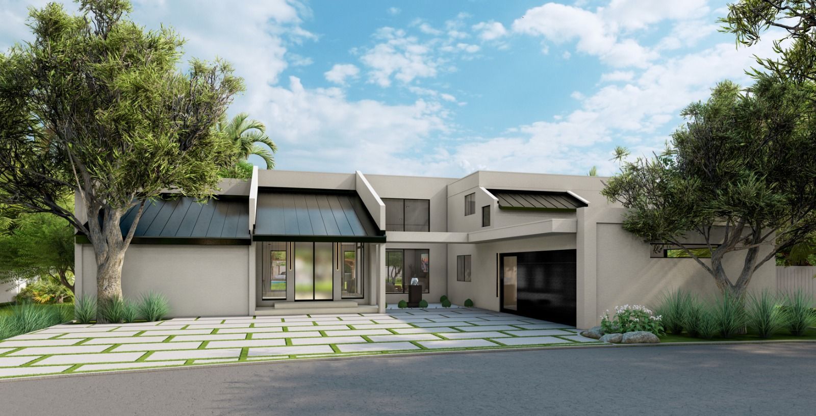 An artist 's impression of a modern house with a large driveway and trees in front of it.