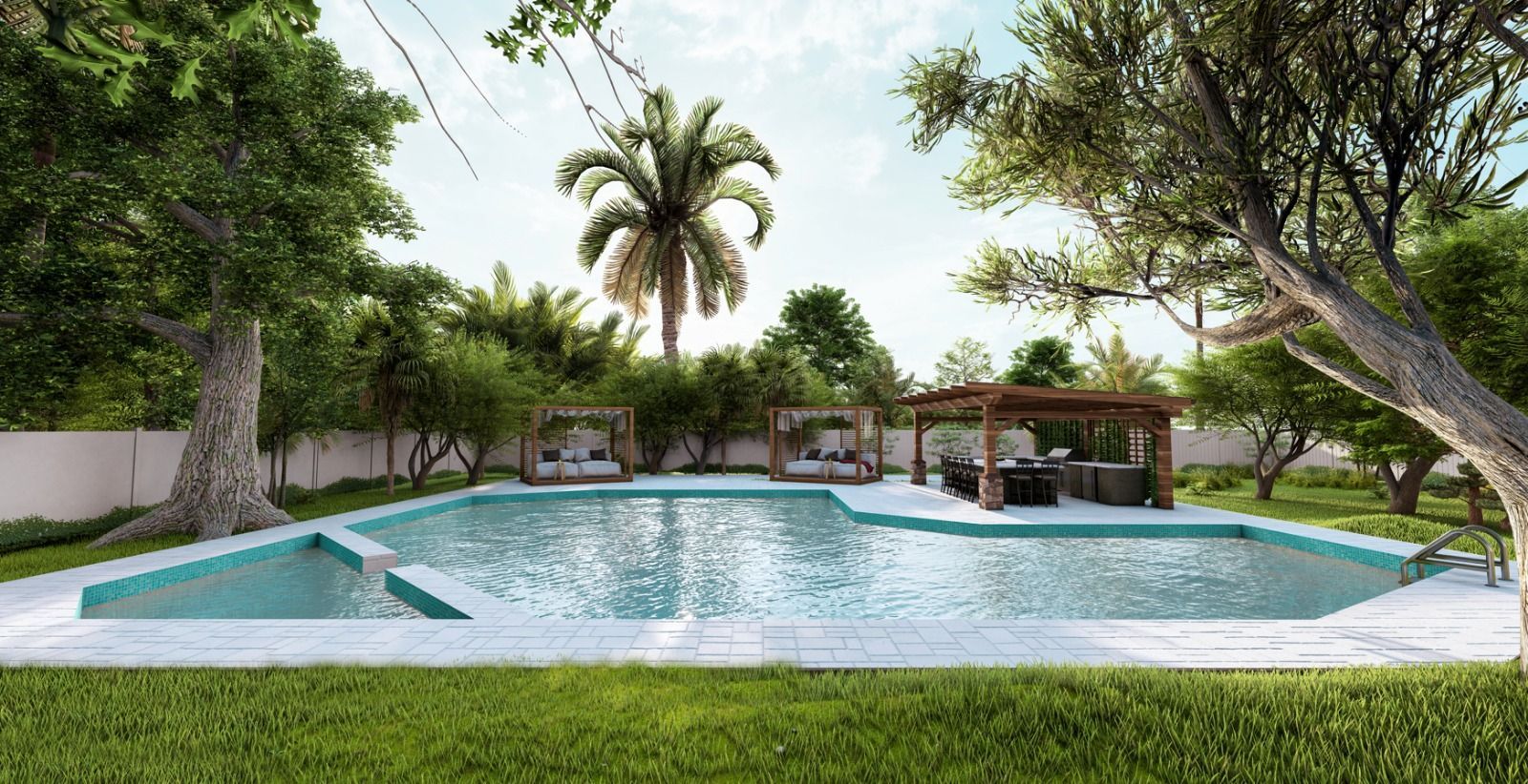 A large swimming pool surrounded by trees and grass in a backyard.