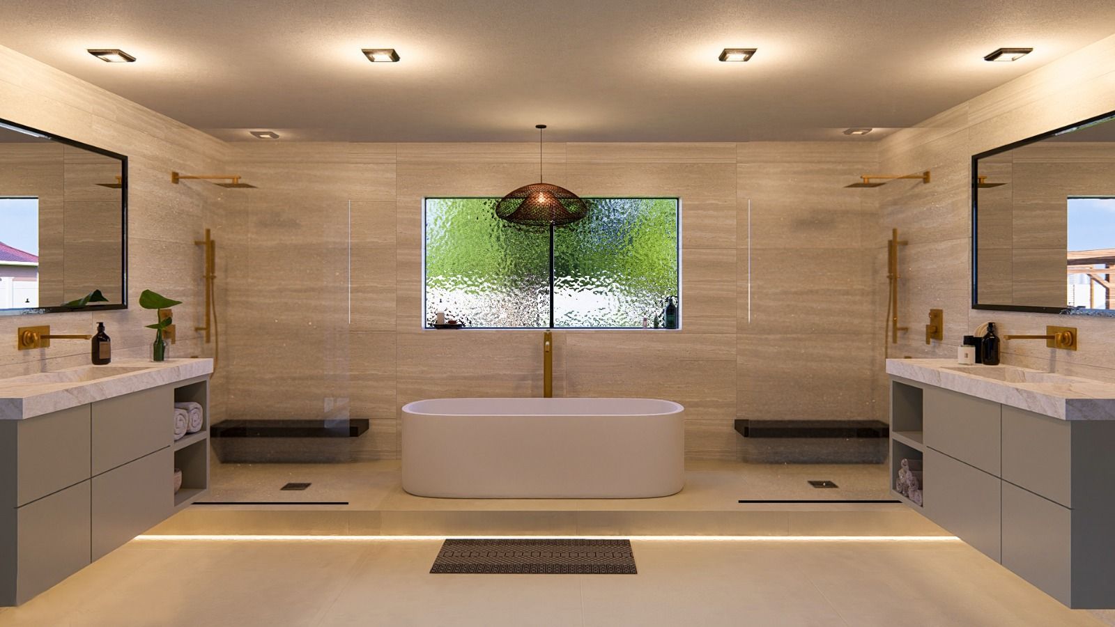 A bathroom with two sinks , a tub , and a window.