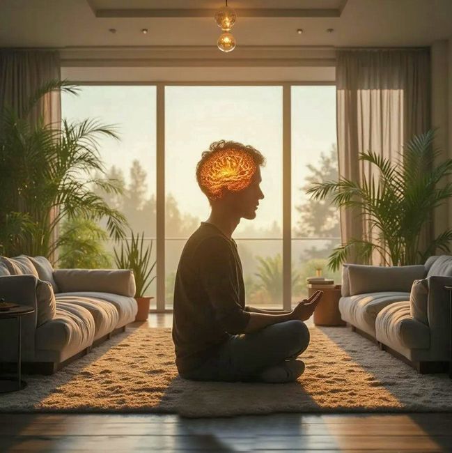 A man is sitting on the floor in a living room with a glowing brain.