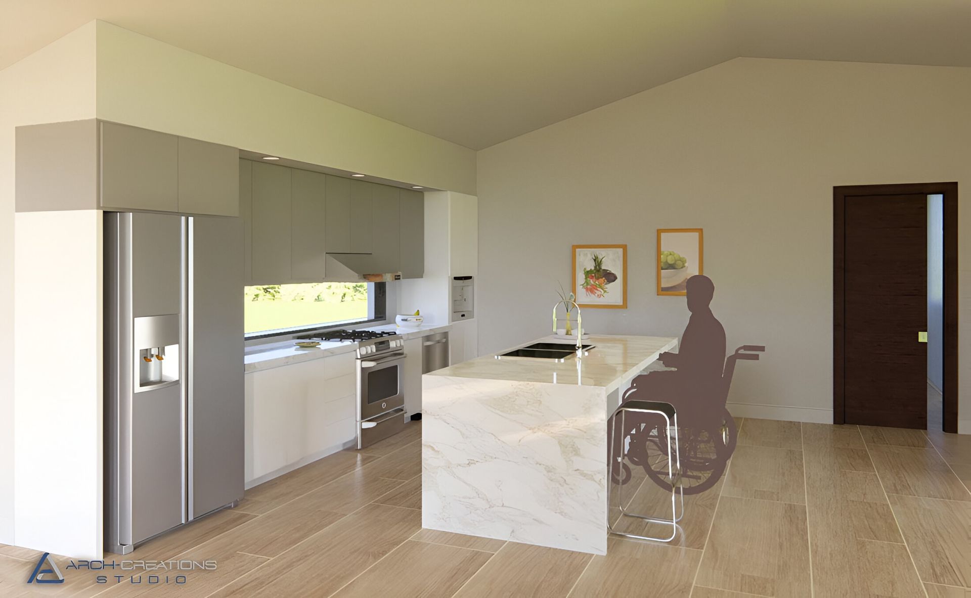 A man in a wheelchair is sitting at a counter in a kitchen.