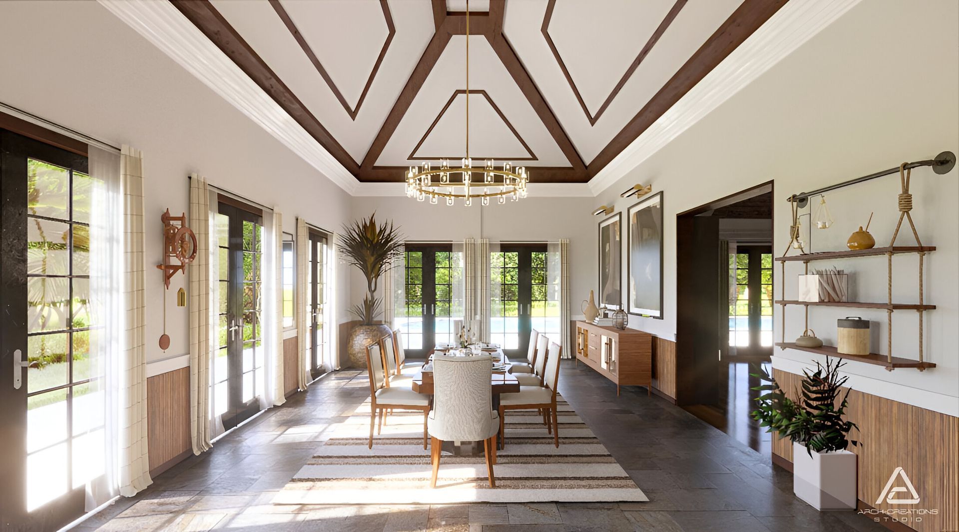 A large dining room with a chandelier hanging from the ceiling.