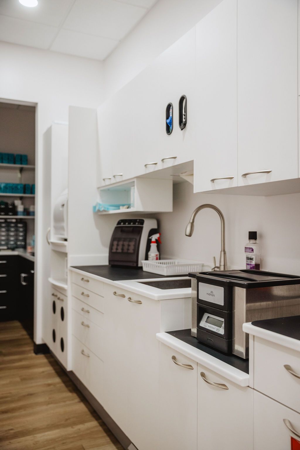 Bright dental office with white cabinets, stainless steel sink and appliances, and wood floors.