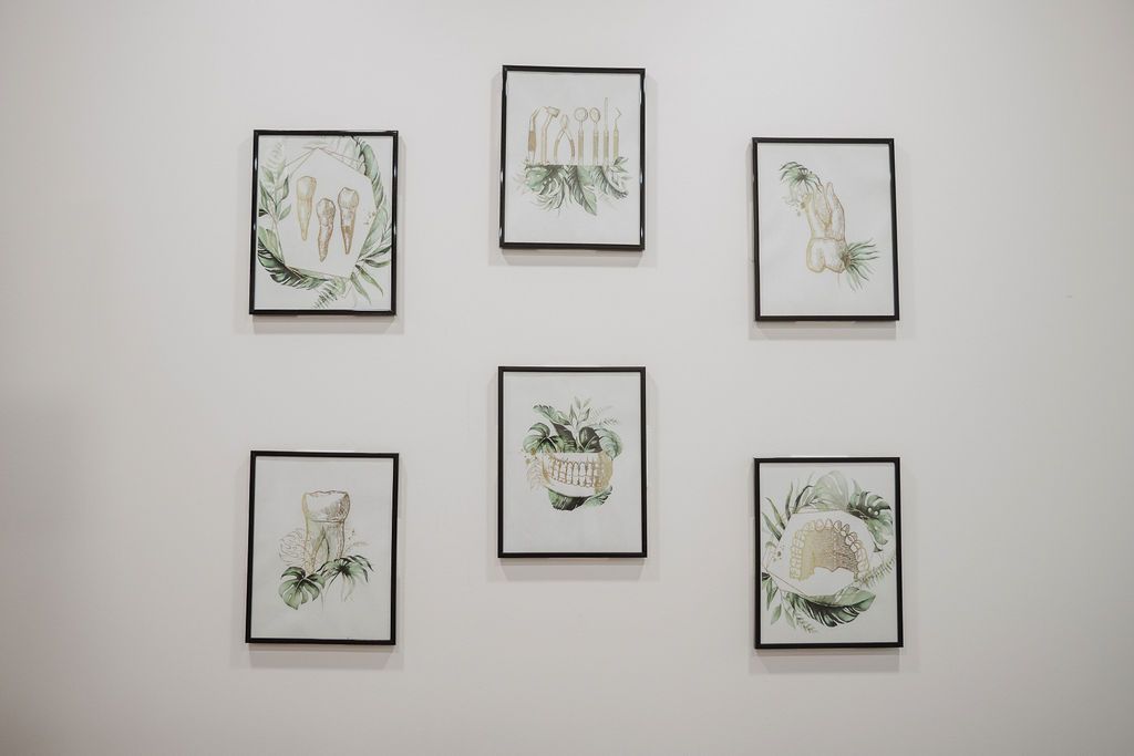 Six framed botanical prints on a white wall. Black frames, green and neutral art.