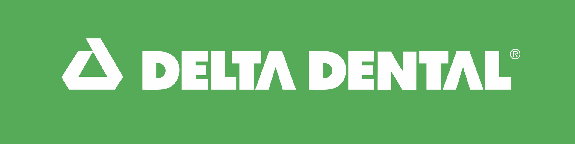 Delta Dental logo on green background, featuring a white triangle and the words 