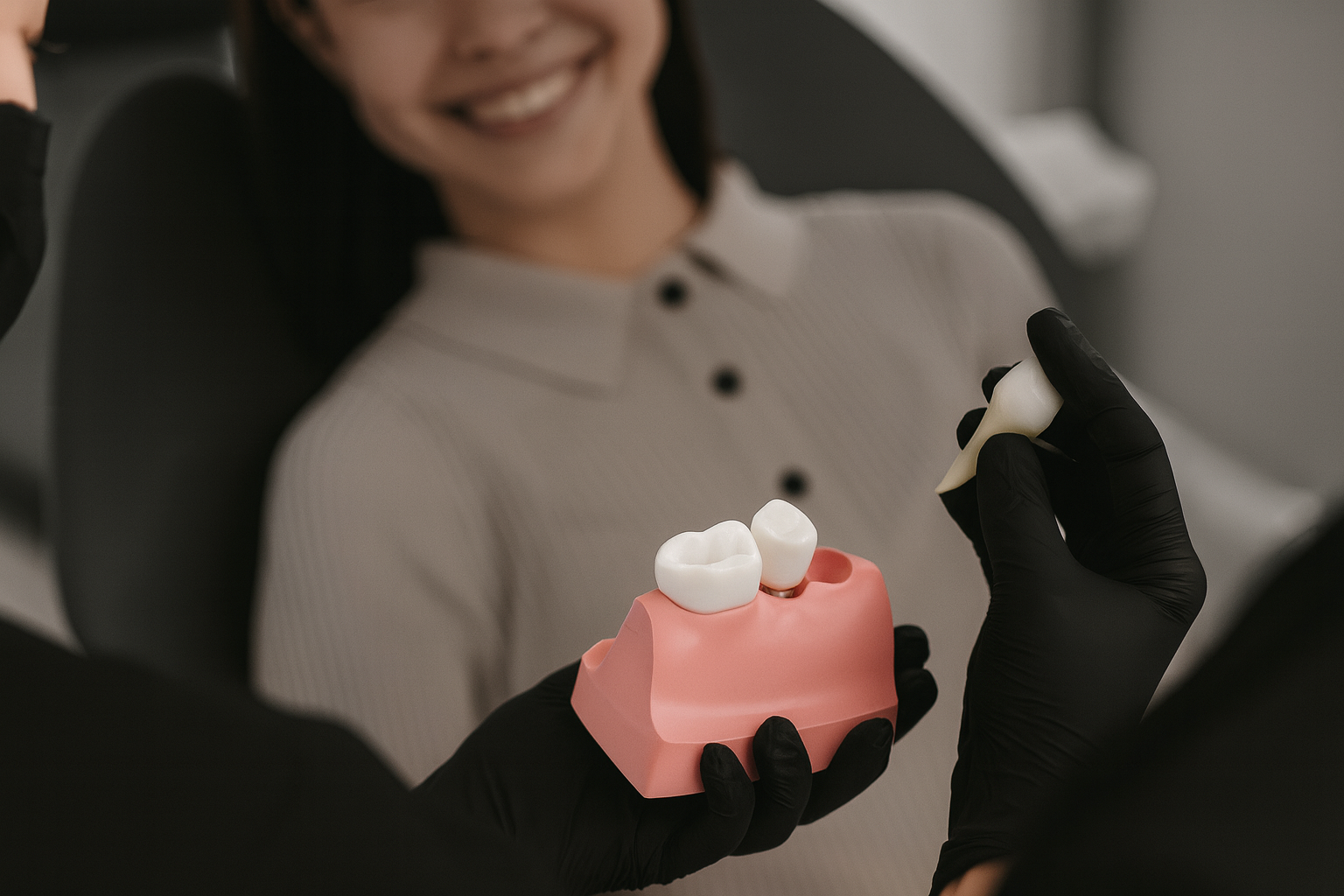 Dentist showing teeth model to patient. Both are smiling. Dental office setting.