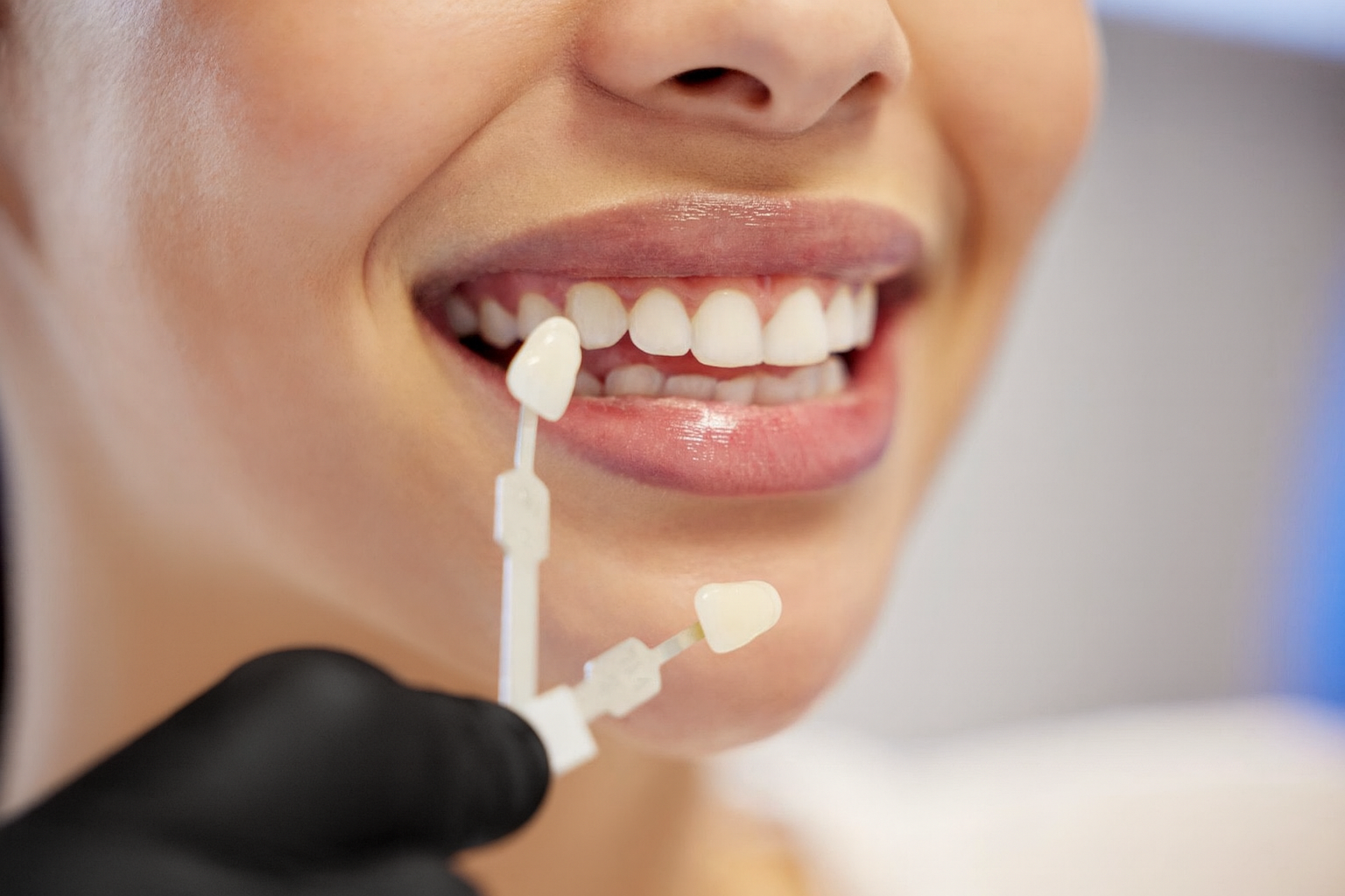 Woman smiling as dentist compares veneer shades to her teeth.