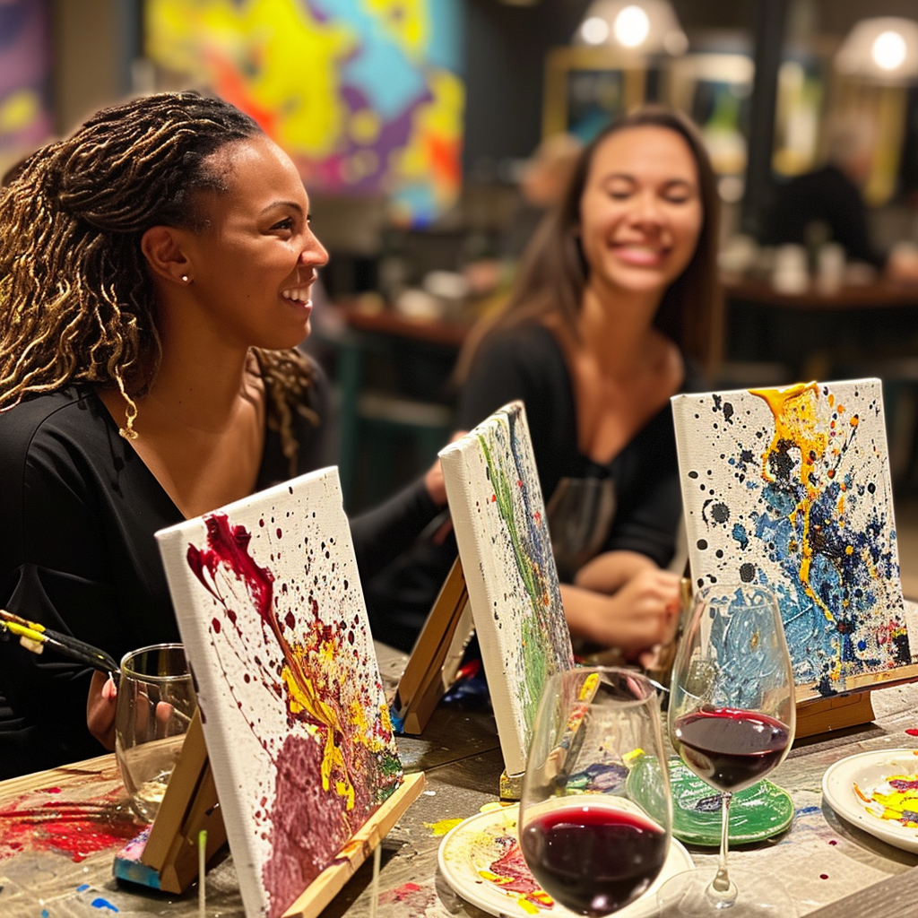 two women are sitting at a table with paintings and glasses of wine .