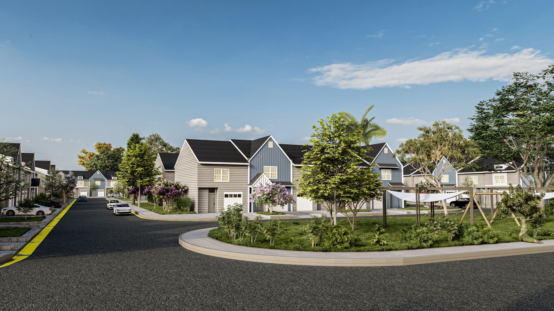 Street view of modern houses with blue siding, trees, and blue sky.