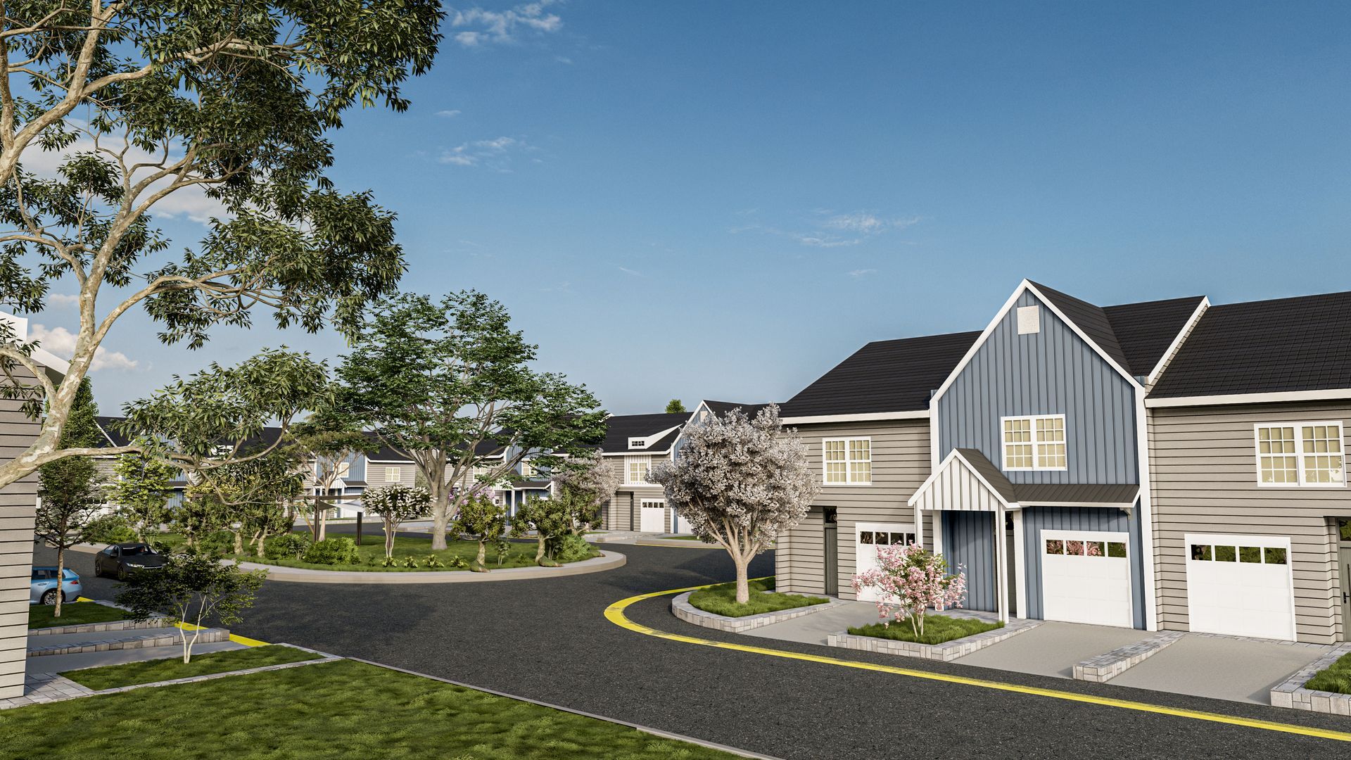 Residential neighborhood with gray and blue houses, trees, and a curved street on a sunny day.