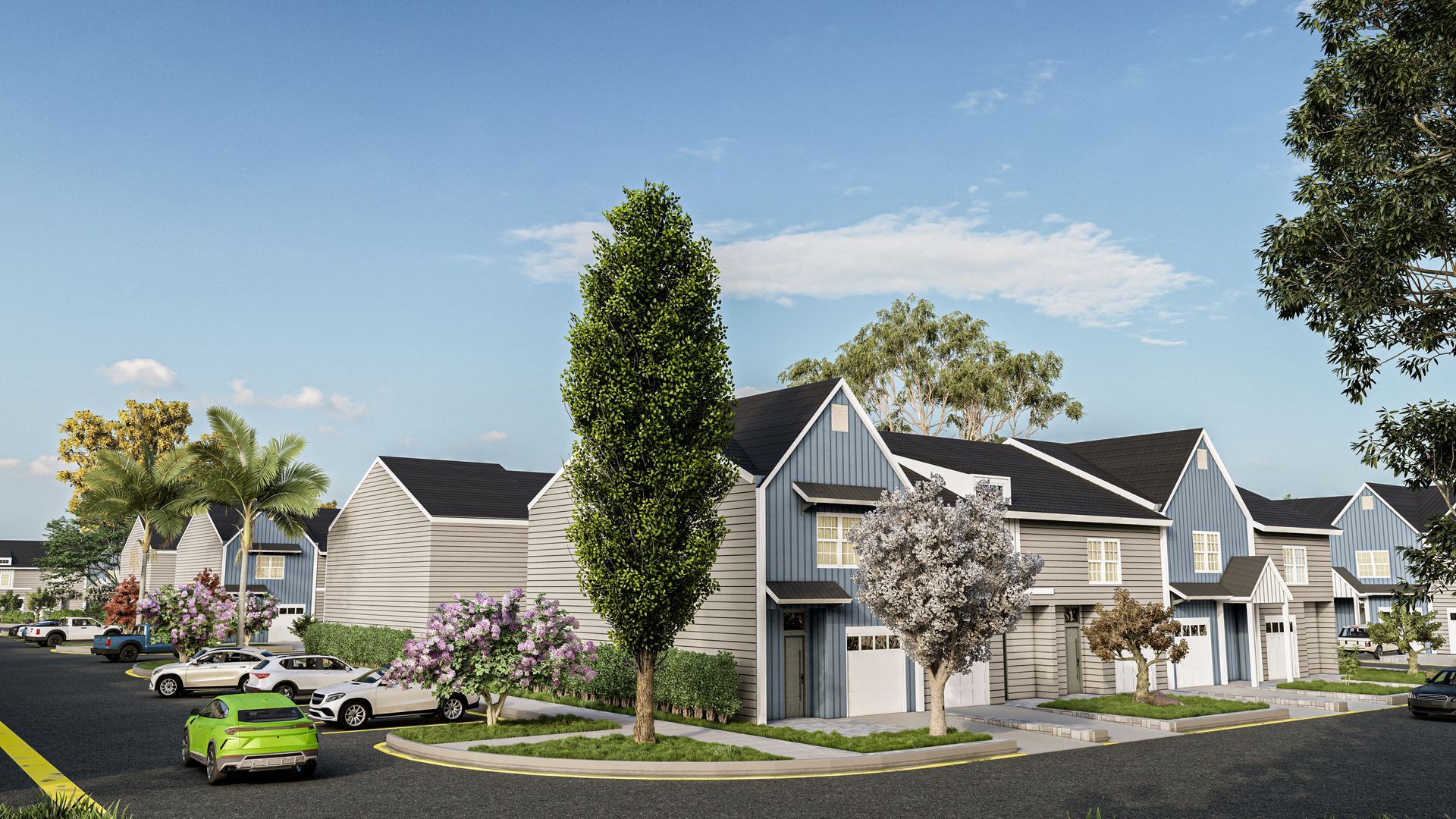 Row of modern townhouses with blue accents and driveways on a sunny day.