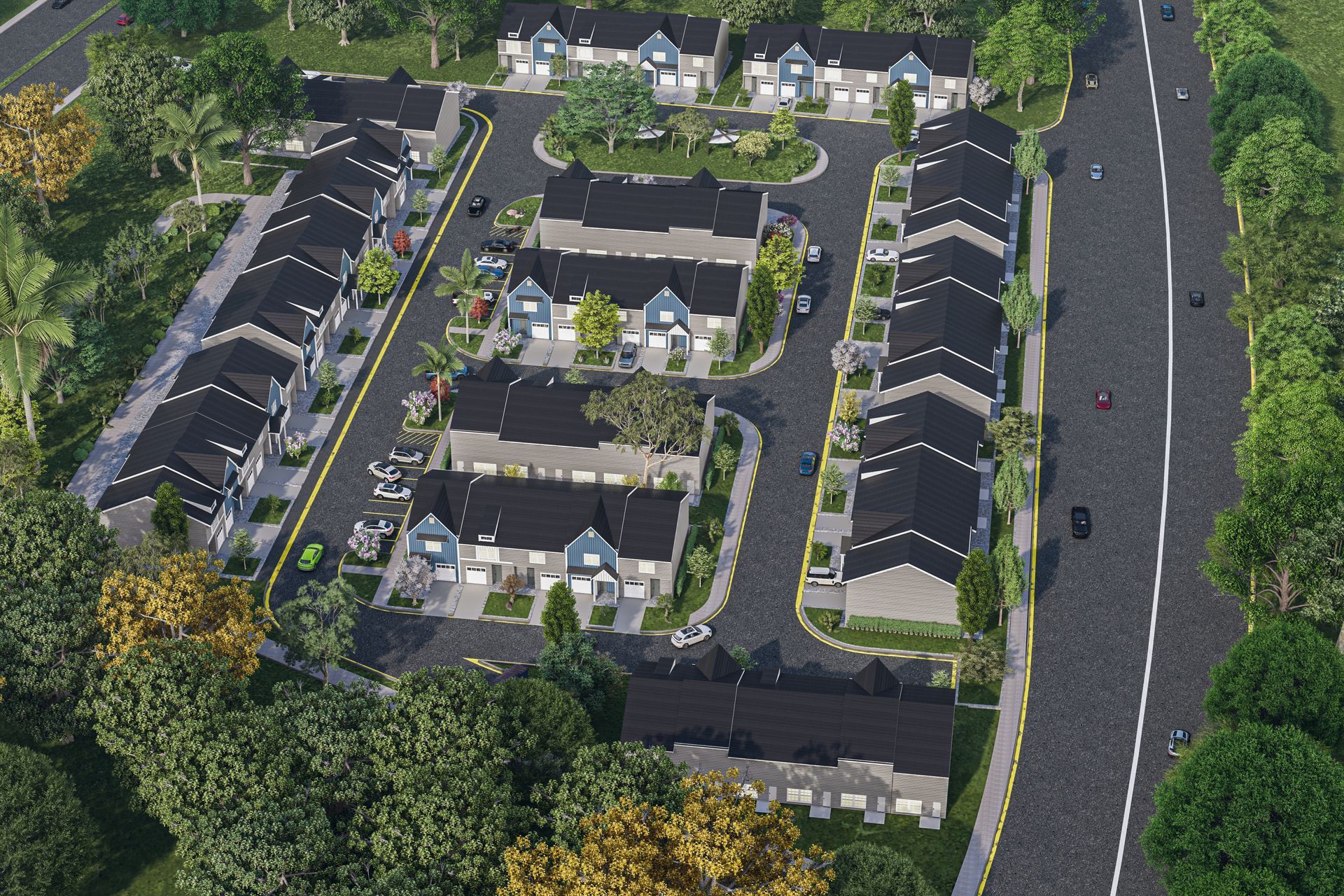 Aerial view of a suburban housing development with rows of houses, roads, and trees.