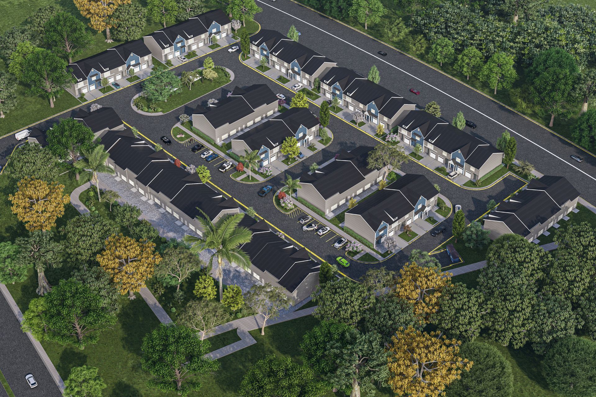 Aerial view of a suburban neighborhood with rows of houses, trees, and roads.