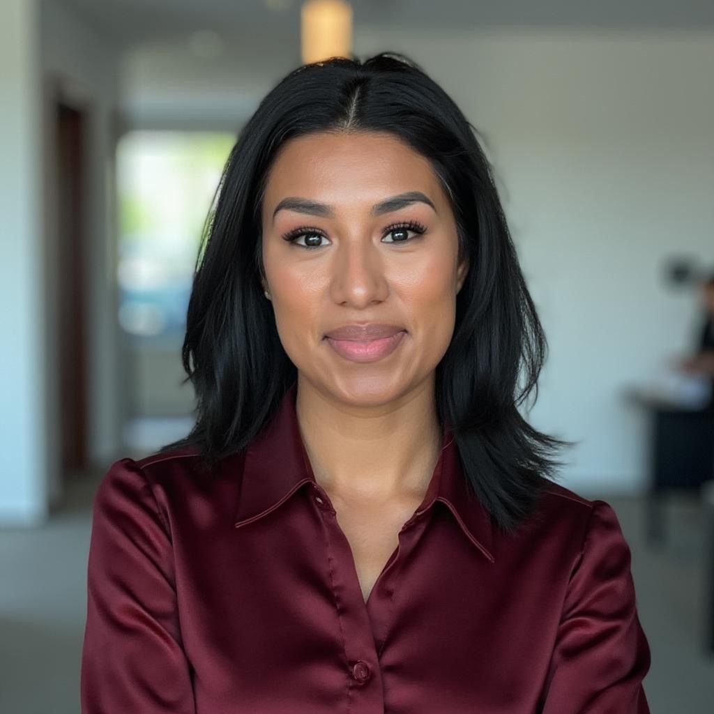 Woman with dark hair in a burgundy satin shirt smiles indoors with neutral background.