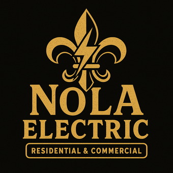 Gold logo: fleur-de-lis with lightning bolt, 