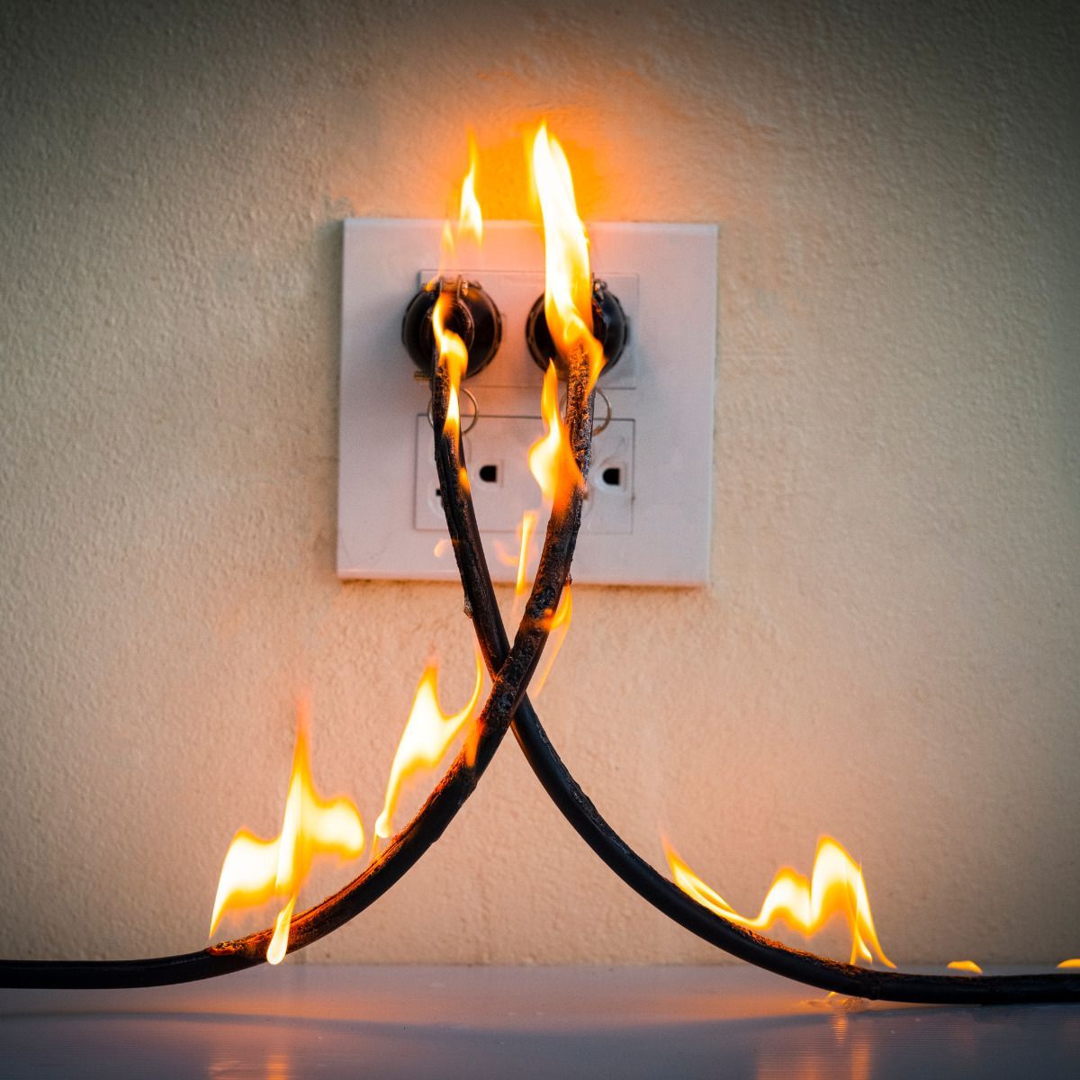 Burning electrical cords plugged into an outlet, flames visible.
