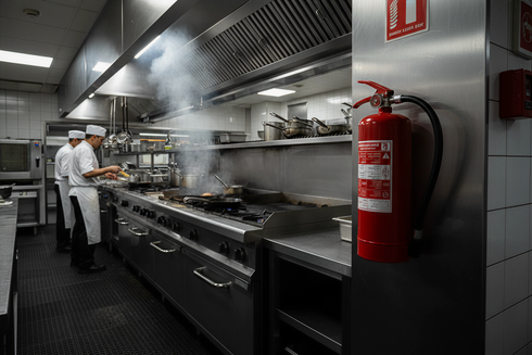 Commercial kitchen with chef cooking at a stainless steel stove beside a red fire extinguisher
