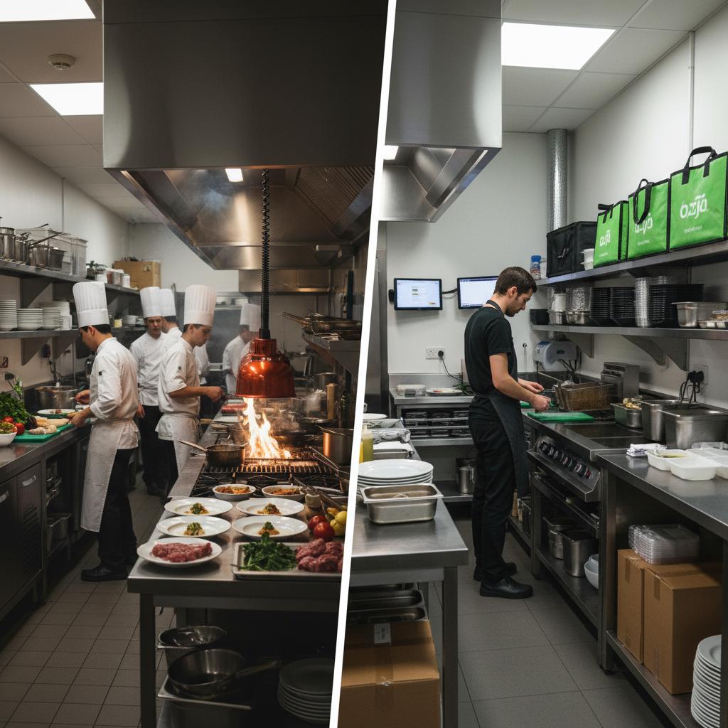 Busy restaurant kitchen with chefs cooking over a flaming grill and a worker prepping at the sink