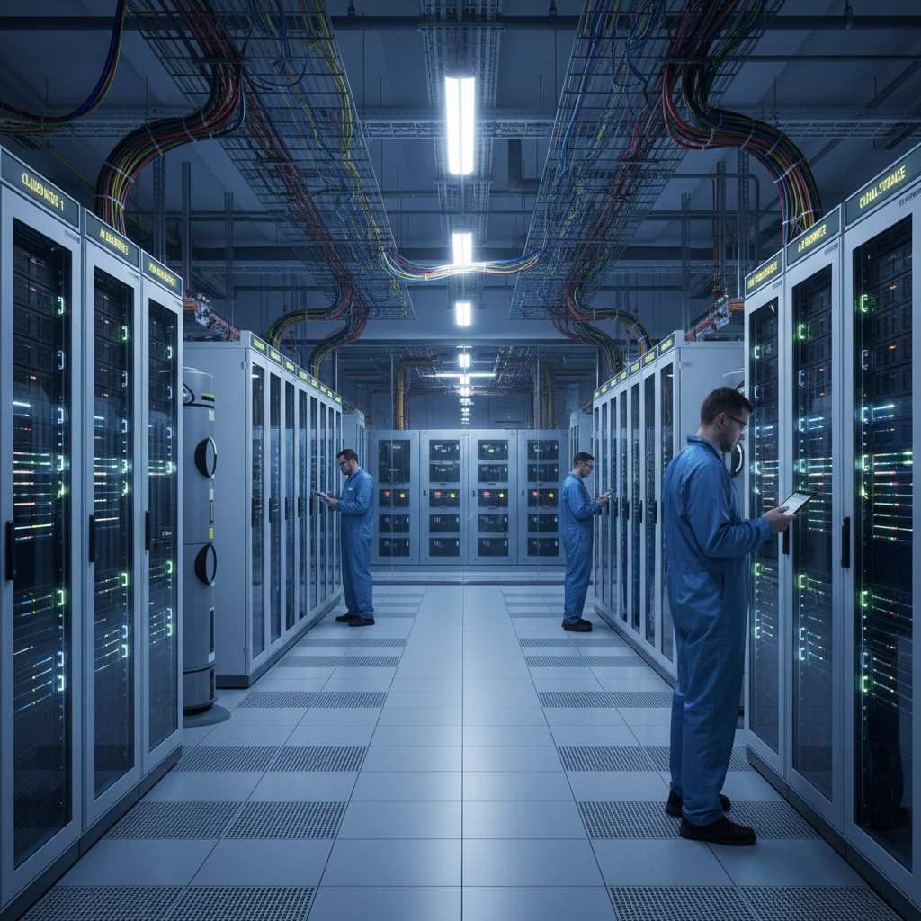 Technicians in a blue-lit server room working between rows of tall data racks