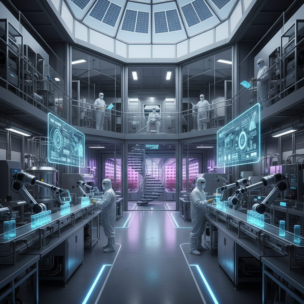 Futuristic lab with scientists at glowing workstations under a glass dome, lit in blue and magenta.