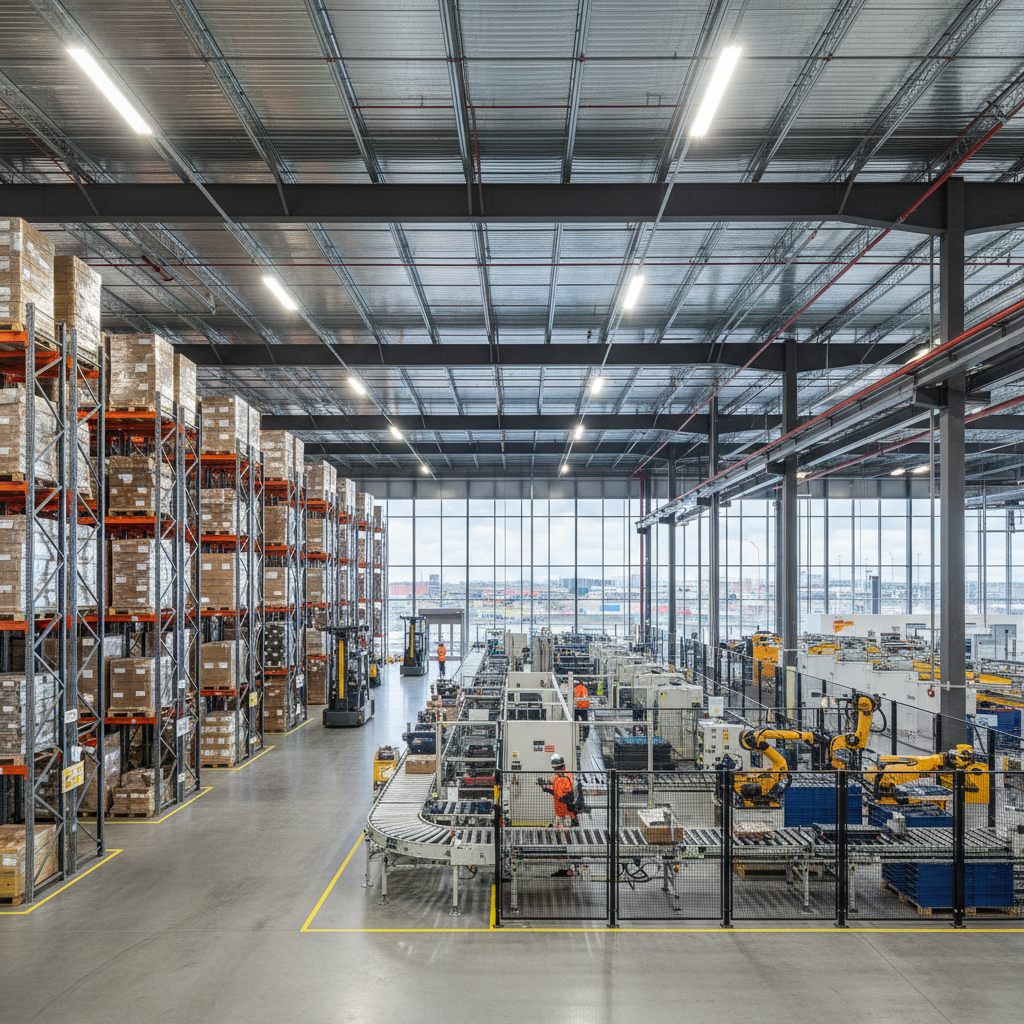 Wide-angle view of a large warehouse with tall metal shelves, machinery, and bright overhead lighting
