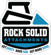 The logo for rock solid attachments says get dirty have fun get more done.