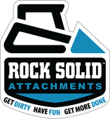 The logo for rock solid attachments says get dirty have fun get more done.