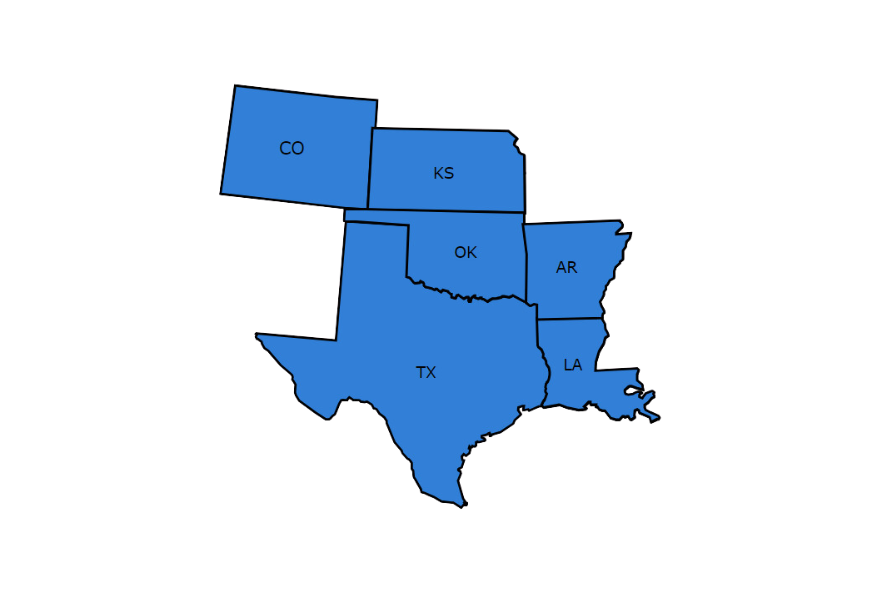 A map of the united states showing the states of texas and oklahoma