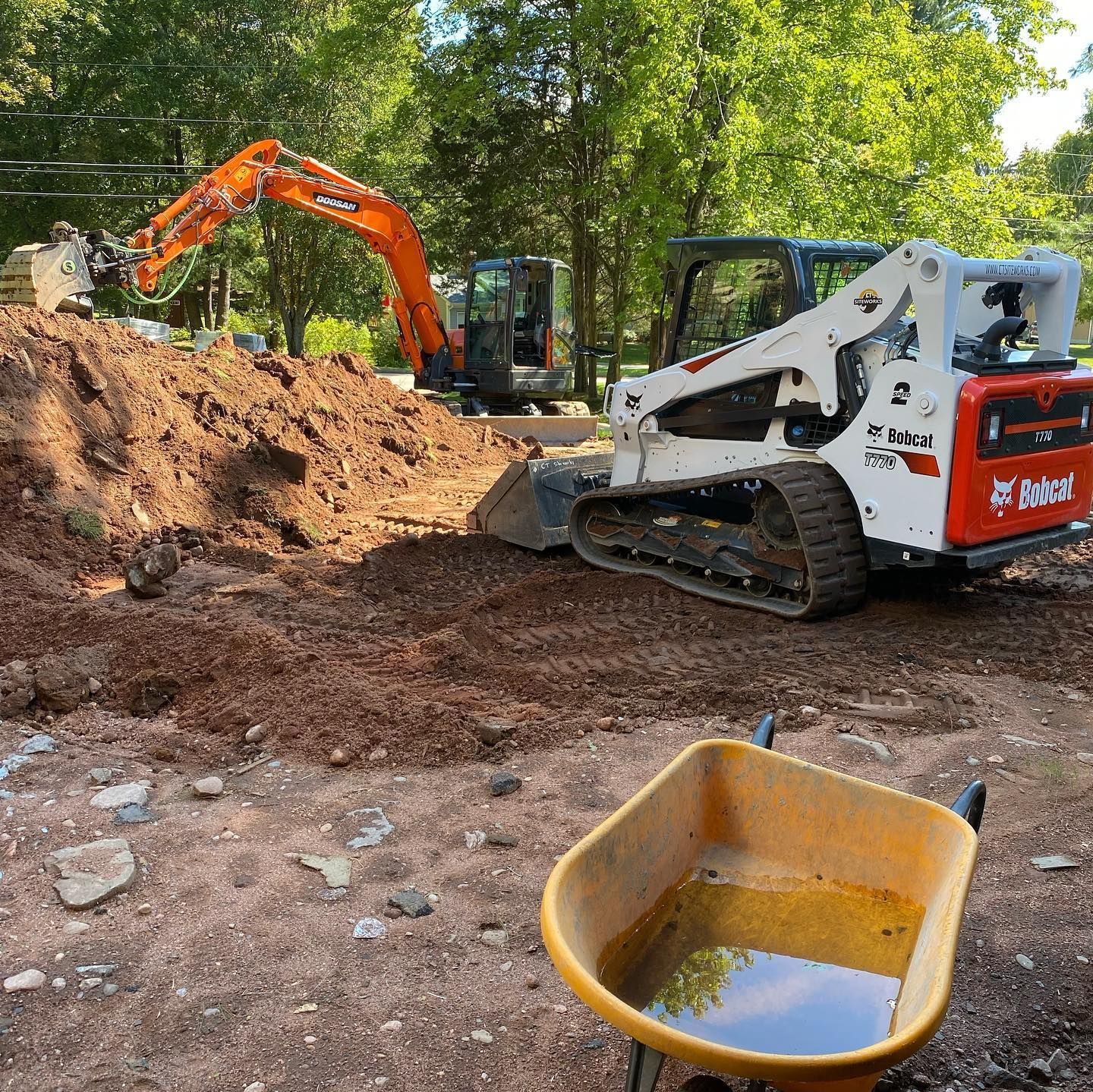 Construction site: excavator and Bobcat working, pile of dirt, wheelbarrow with water.