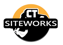 Logo for CT Siteworks: excavator silhouette over text, black and white on orange circle.