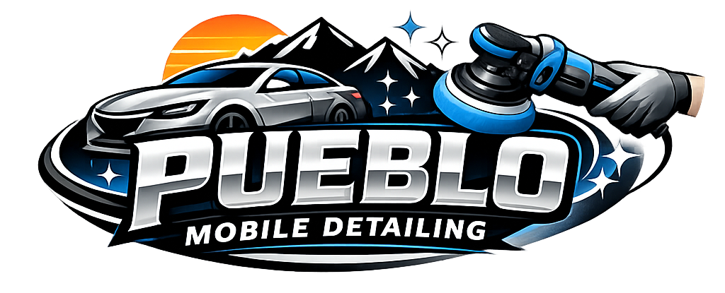 Logo for Pueblo Mobile Detailing: Car, buffer, mountains, sun, and stylized text in blue, silver, and black.
