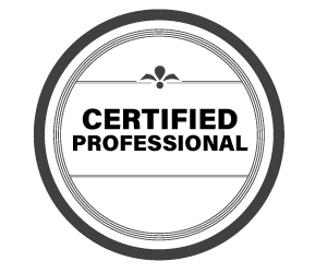 A black and white logo that says certified professional