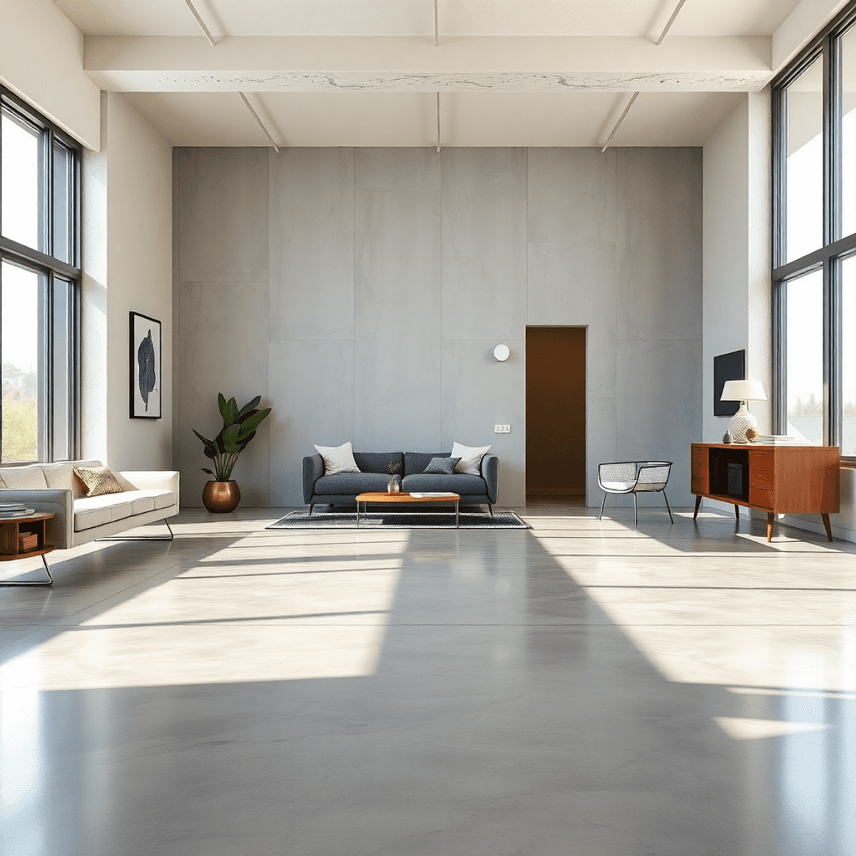 A garage with a concrete floor and a garage door.