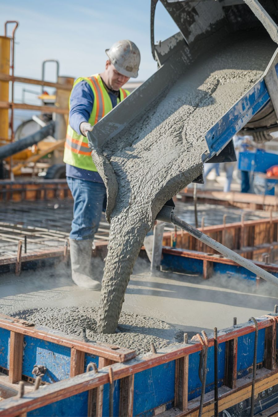 A construction worker is pouring concrete into a concrete form in Clifton, IL.