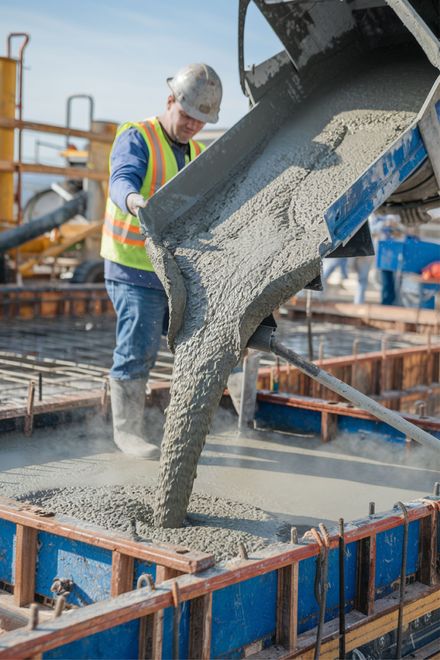 A construction worker is pouring concrete into a concrete form in Clifton, IL.