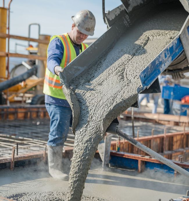 A man is pouring concrete from a truck on a construction site