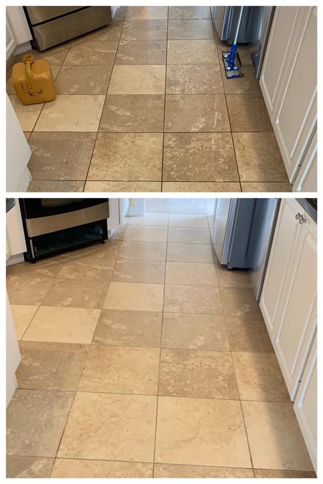 A before and after photo of a tile floor in a kitchen.